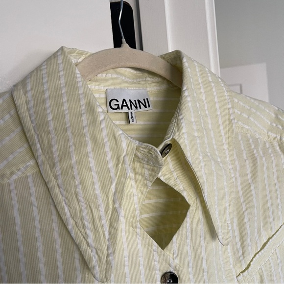 Ganni Striped Organic Cotton Seersucker Midi Shirt Dress Yellow Cream - Picture 4 of 7